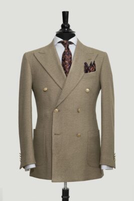 Costume Chic Croisé Beige à Poches Plaquées