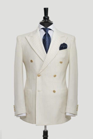 Costume Croisé Blanc Rayé Bleu à Poches Plaquée